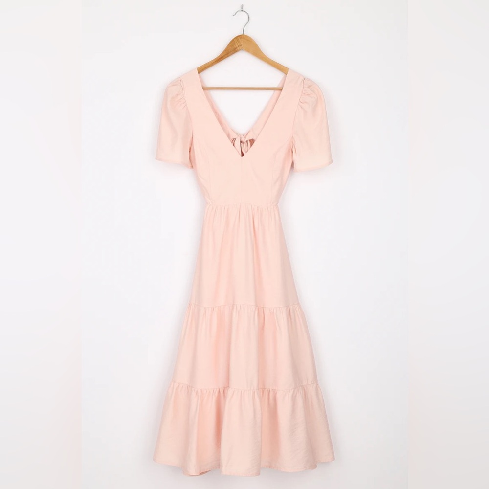 Tied With Love Light Pink Tiered Tie-Back Midi Dress